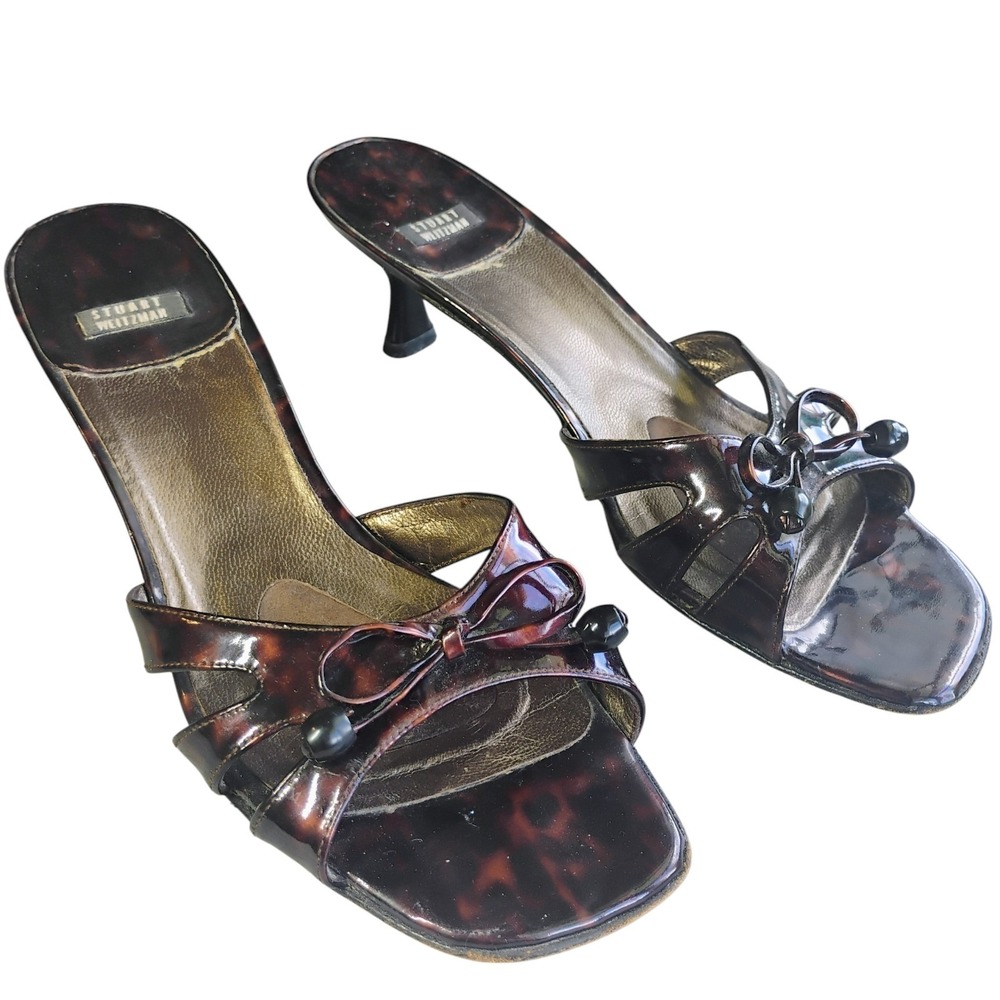 Stuart Weitzman Tortoise Shell Kitten Heels Women's 8 Bow 90s Y2K Mobwife Chic